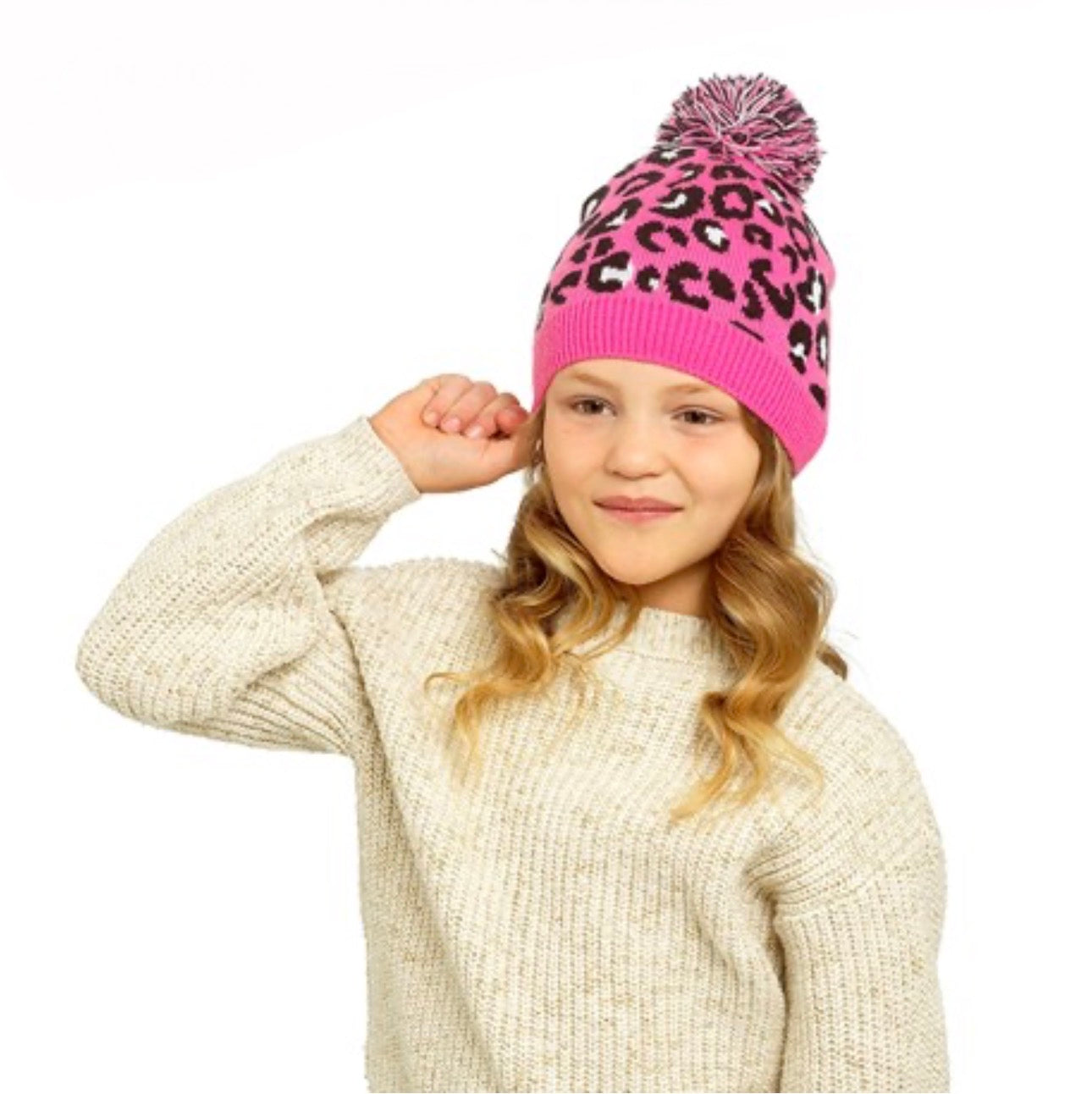 Girls pink leopard print beanie hat with bobble