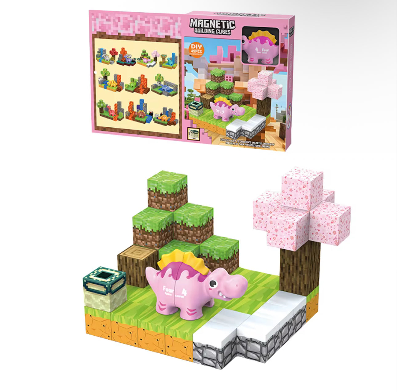 Magnetic building cubes pink dinosaur toys